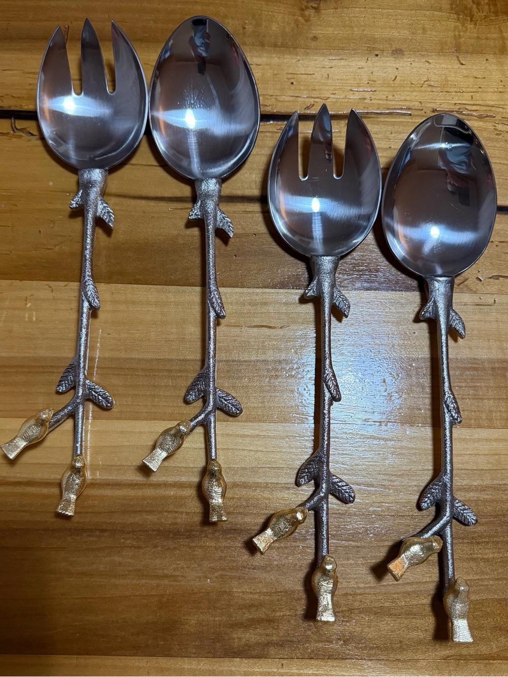 Decorative Bird Branch Salad Servers - Gold and Silver